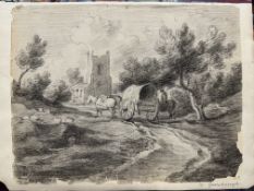 18th cent. Thomas Gainsborough (circle of): Graphite study, church with cart and rider in