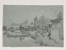19th cent. Pencil Studies: Graphite landscape with figures plus pencil sketch N. Hunt c1894, Lady in