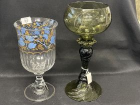 19th cent. Glass: Continental celery /large wine vase with blue enamel floral decoration, plus large
