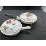 Late 18th cent. Two French porcelain saucepans or warming pots and covers, one Marseilles and