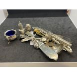 Hallmarked Silver: Assorted items of flatware and condiments, plus items of silver plated flatware.