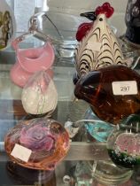 20th cent. Art Glass: Morava clear glass bowl with block inlay, stylised brown bird, pink heart