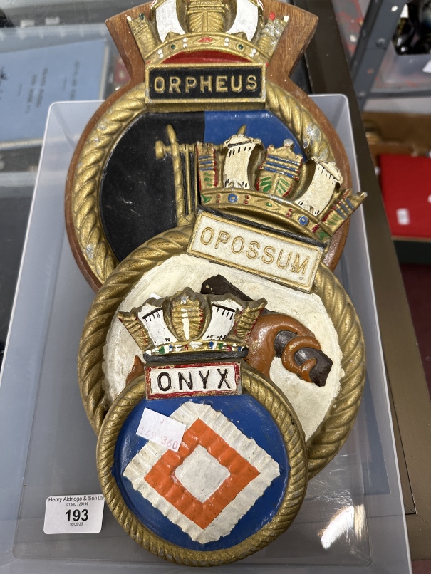 Naval Interests: Three 20th cent. Cast Royal Naval submarine crests Onyx, Opossum, Orpheus.