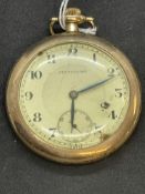 Watches: Yellow metal open faced pocket watch, ivory coloured dial, Arabic numerals, tests as 9ct