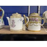 19th cent. Paris porcelain coffee pots and covers, of cylindrical form, one painted in pink and blue