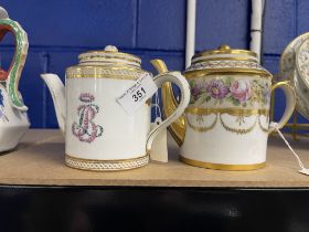 19th cent. Paris porcelain coffee pots and covers, of cylindrical form, one painted in pink and blue
