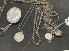 Hallmarked Jewellery: Six silver chains, one with an oval locket attached, one wit a St.