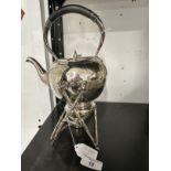 Silver Plated: Spirit kettle and stand, scroll decoration.