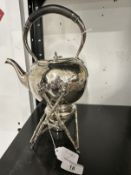 Silver Plated: Spirit kettle and stand, scroll decoration.