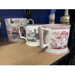 19th cent. Staffordshire Pearlware frog and lizard mugs, 'Japan' Imari style rim and handle A/F,