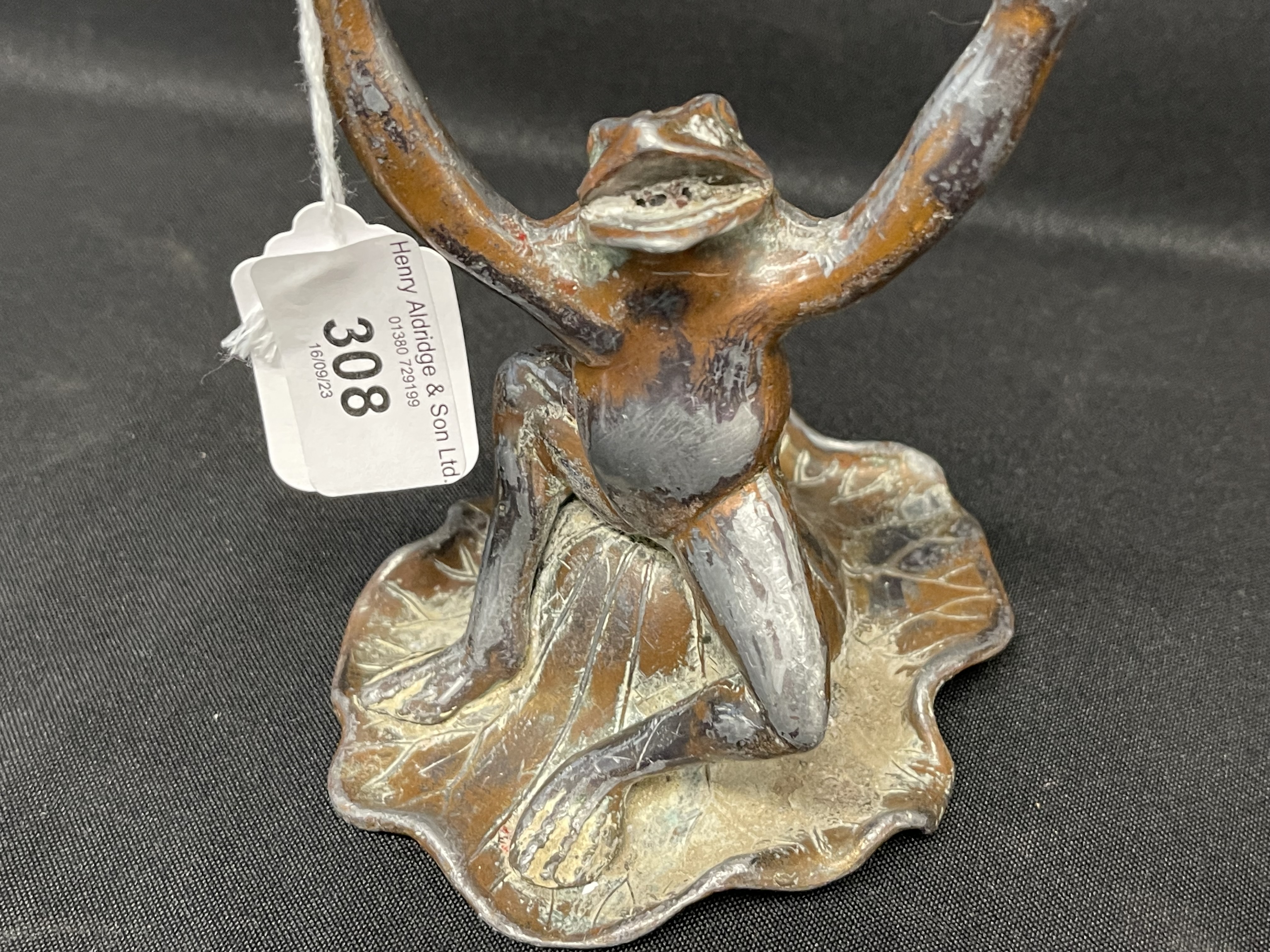 Art Nouveau made for Liberty c1900 bronzed Spelter candlestick depicting a frog seated on a lily pad - Image 2 of 4