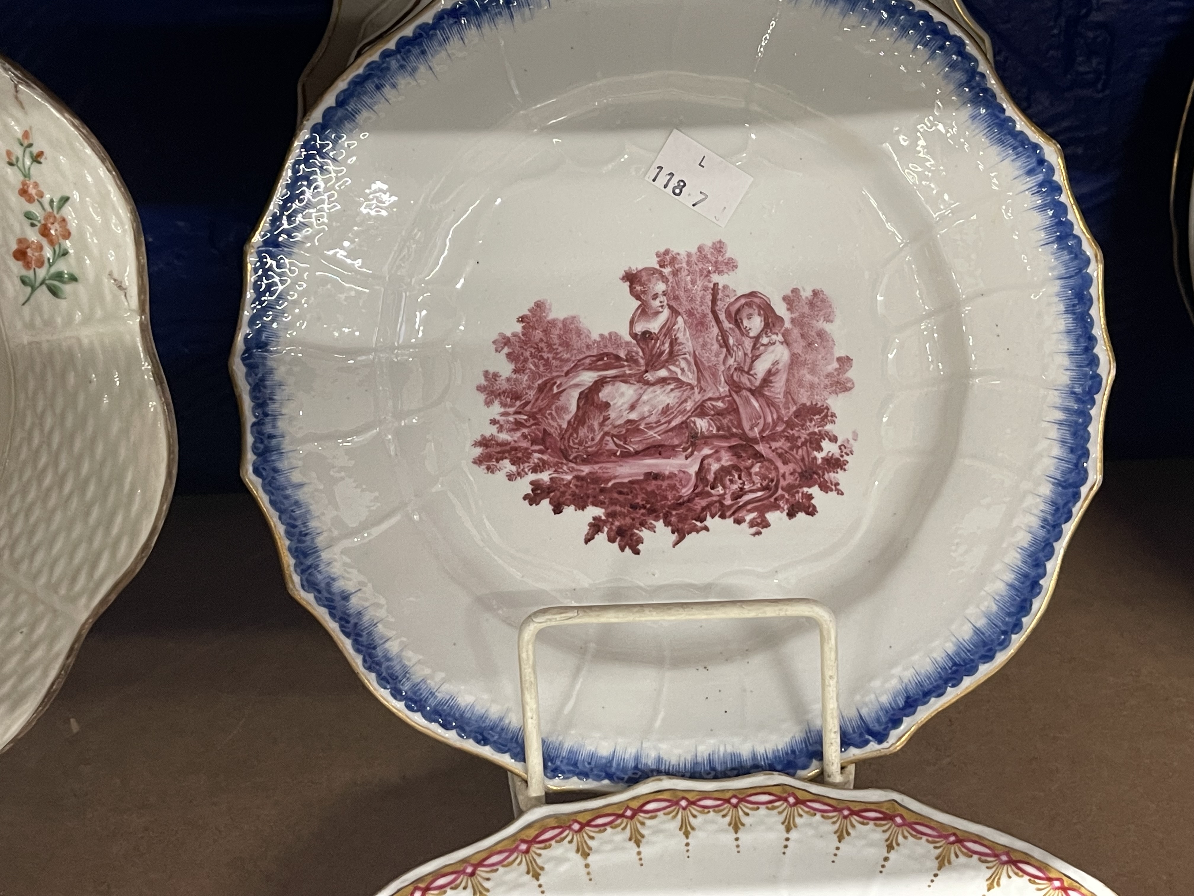 Tournai plates c1770, with moulded rims, one painted in blue with flowering branches, another with a - Image 3 of 3