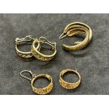 Jewellery: Yellow metal three pairs of hoop earrings, test as 9ct gold. Total weight 10.8g.