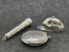 Hallmarked Silver: Hallmarked and 925 (tests) novelty Vesta cases, including jockey cap.
