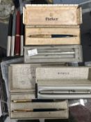 Pens: Parker pens, 4 boxed sets plus 4 others, one with 14k nib, unmarked body in red.