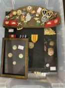 Military: USSR mounted in groups, post WWII and a side cap of enamel badges, together with USA