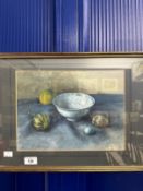 Hilda Chancellor-Pope (1913-1976): Watercolour still life Chinese bowl, eggs and watermelon, another