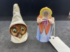 Candle Extinguisher: Royal Worcester early 20th cent. Owl brown face and old woman, brown cloak,