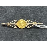 Gold Bullion/Jewellery: 1851 USA gold one dollar coin mounted in yellow metal pin brooch marked 9CT.