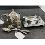 Hallmarked Silver: Mustard pot, pepper pot both with glass; ashtray and two spoons one being a