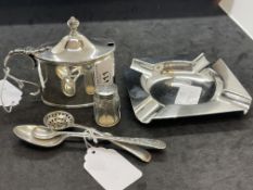 Hallmarked Silver: Mustard pot, pepper pot both with glass; ashtray and two spoons one being a