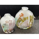 Frosted Art Glass: Vases with overlay decoration depicting ruined buildings, possibly Hiroshima, one