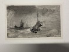 Edwin Hayes (British) 1819-1904: Inkwash on paper maritime sketch, ship in a squall, signed lower