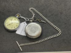 Hallmarked Silver: Open faced key wind pocket watch, white dial, black Roman numerals and Albert.