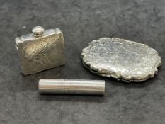 Hallmarked Silver: Silver and white metal compact, scent flask, lipstick holder.