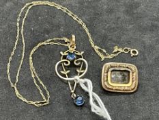Jewellery: Edwardian 9ct (tested) pendant set with blue stones plus small mourning brooch.