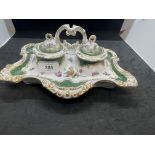 19th cent. Dresden inkstand c1890 white ground, green and gilt scale decoration with minute