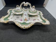 19th cent. Dresden inkstand c1890 white ground, green and gilt scale decoration with minute