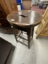 19th cent. G.W.R. Oak high stool, turned supports united by stretcher and stamped G.W.R under seat.