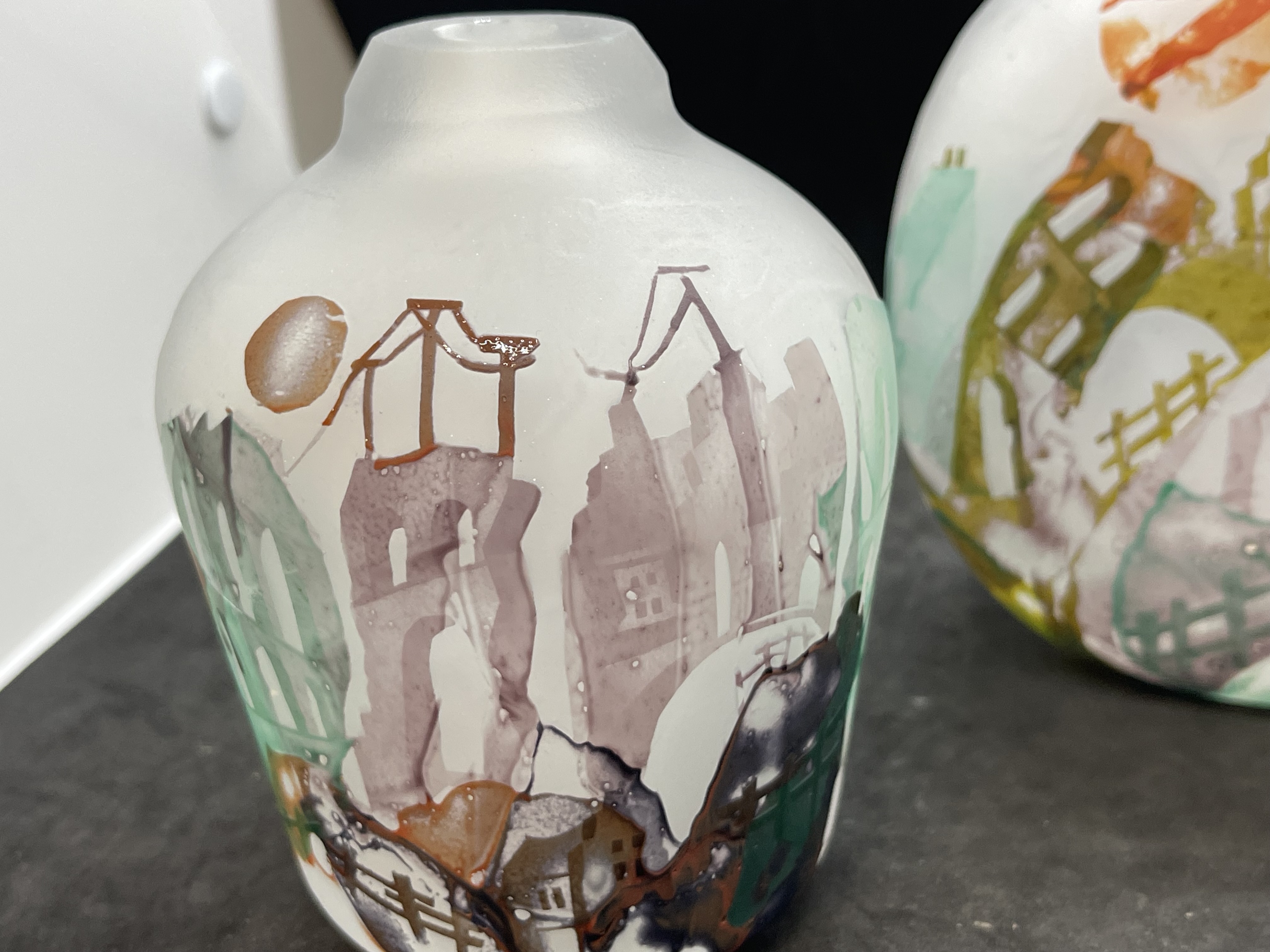 Frosted Art Glass: Vases with overlay decoration depicting ruined buildings, possibly Hiroshima, one - Image 2 of 4