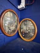 Early 20th cent. Oval frames with convex glass depicting stylised printed Tudor scenes, a pair.