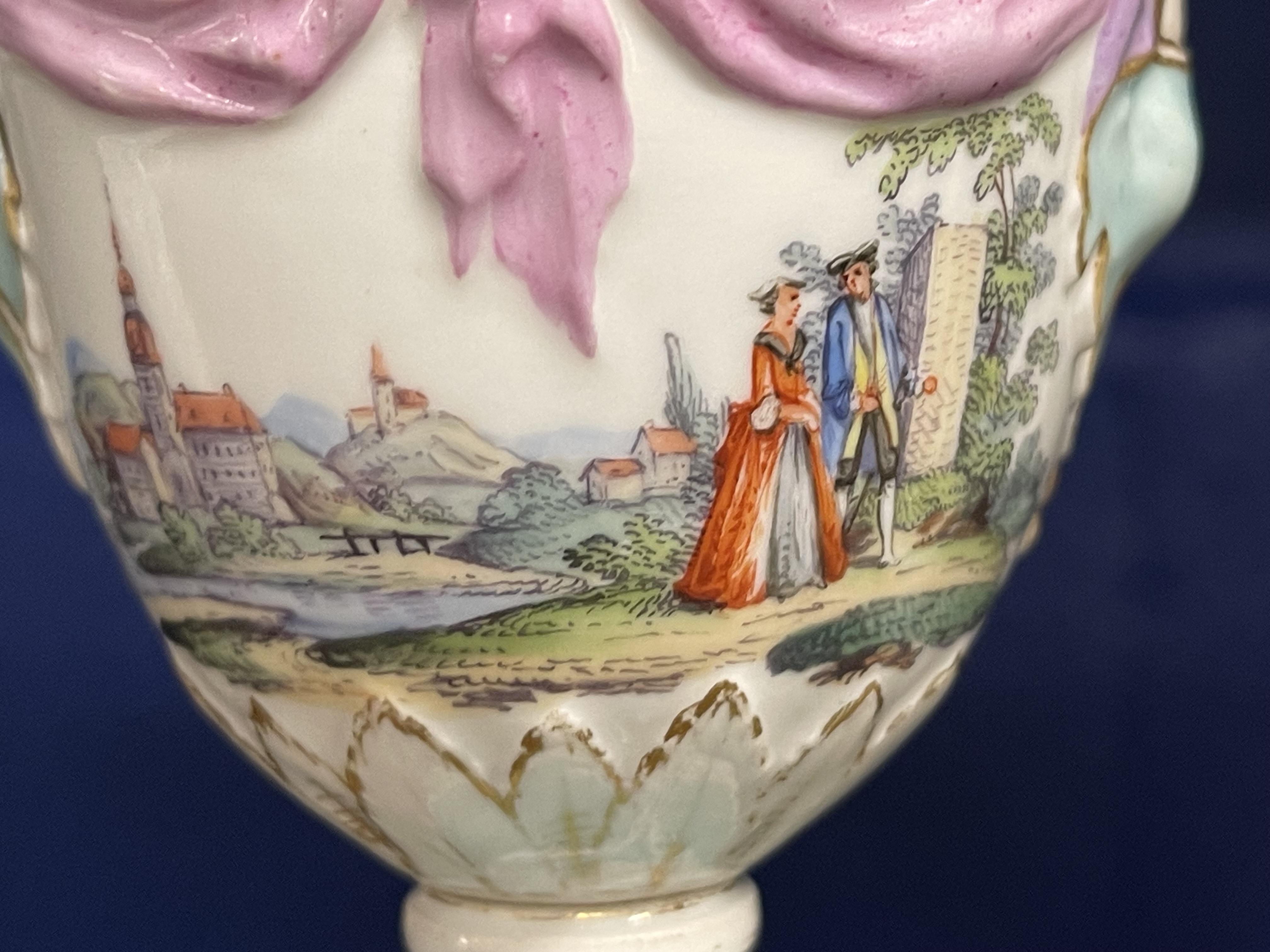 19th cent. K.P.M Berlin Cassolettes of urn form decorated with courting couples in a landscape, - Image 4 of 5