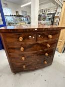 20th cent. Victorian mahogany bow fronted chest of drawers, cock beaded with brass keyholes and
