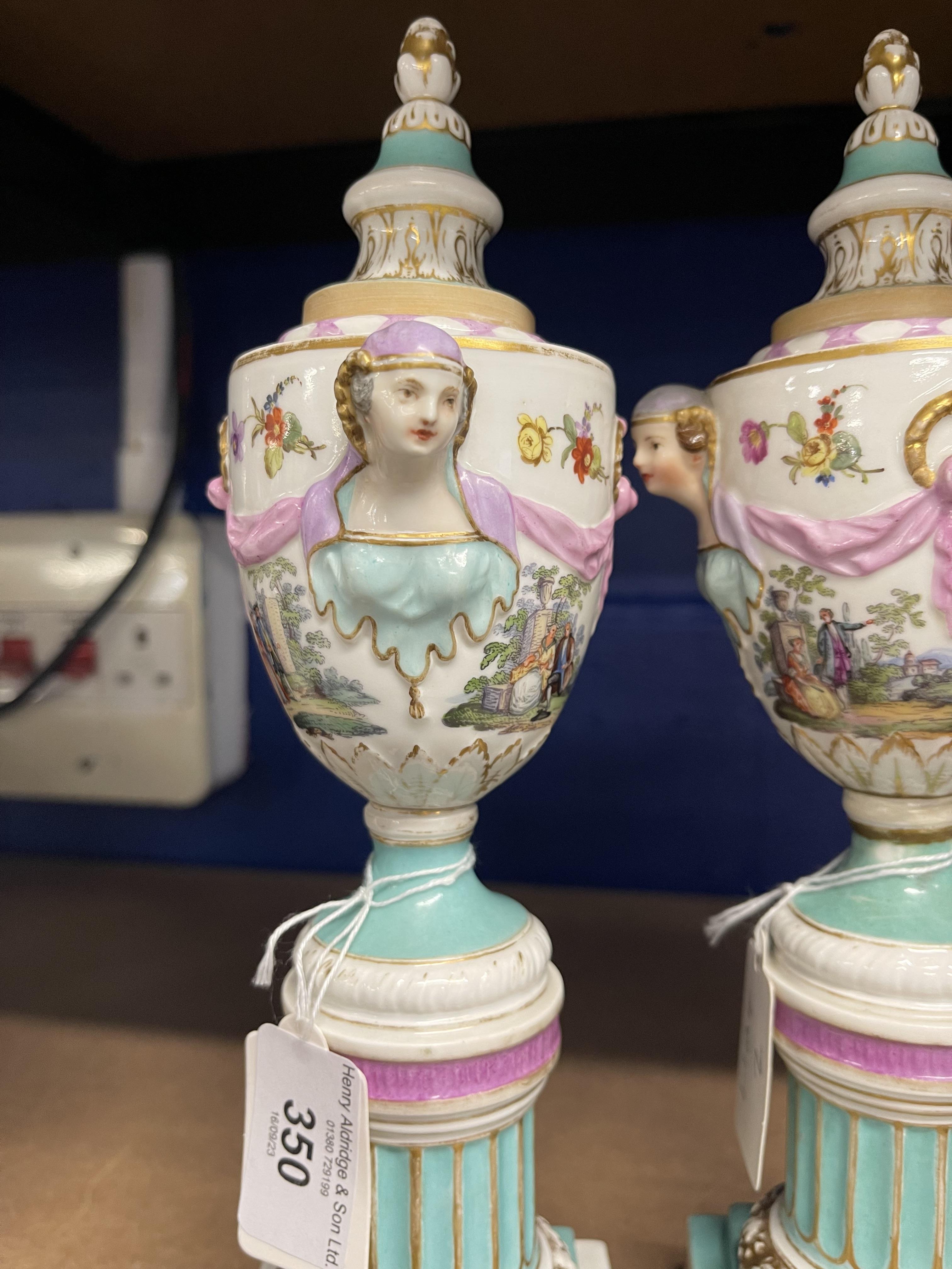 19th cent. K.P.M Berlin Cassolettes of urn form decorated with courting couples in a landscape, - Image 3 of 5