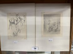 19th cent. Pencil Sketches: Edwin Landseer After, studies of deer, monogram lower right; R.