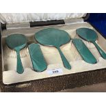 Hallmarked Silver: Dressing table set of two hair and two clothes brushes, hand mirror engine