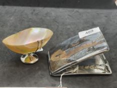 White metal cigarette case with Japanese scenes and oval mother of pearl shell dish with white metal