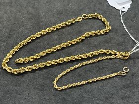 Hallmarked Jewellery: 9ct gold rope link bracelet, length 7½ins, and a rope link necklet, length