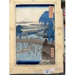 Japanese Woodblock Print: Utagowa Hiroshige, Ichikoku Bridge in the Eastern Capital, Mount Fuji in