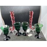 19th cent. Victorian cranberry glass decorative stem vases. Plus set of four 19th century green wine