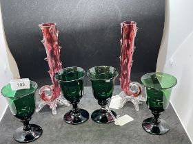 19th cent. Victorian cranberry glass decorative stem vases. Plus set of four 19th century green wine