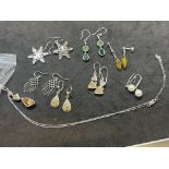 Jewellery: White metal seven pairs of earrings with various coloured stones, plus a set of