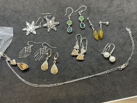 Jewellery: White metal seven pairs of earrings with various coloured stones, plus a set of
