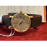 Watches: Gentleman's gold plated Omega with round 34.5mm silver coloured dial, date at 3 o' clock,