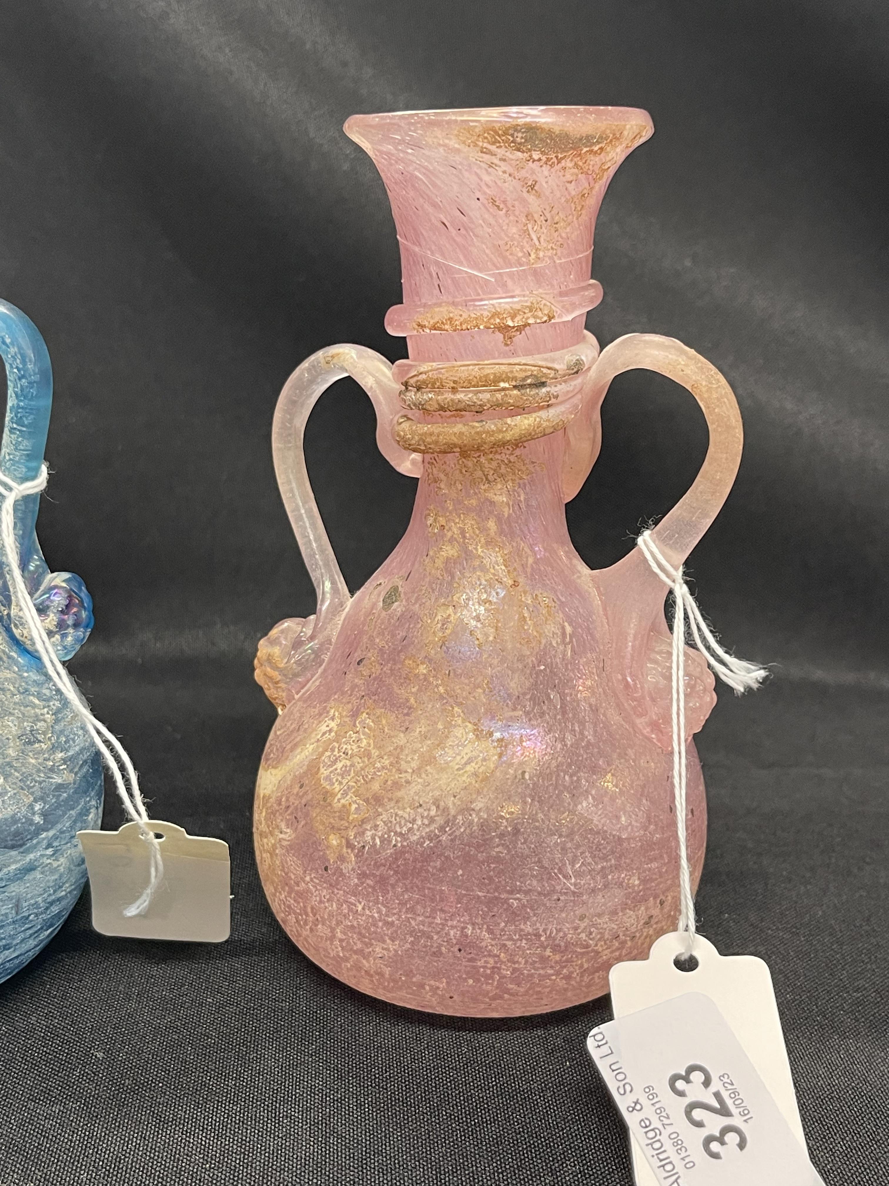 Roman style glass bottle vases blue and pink with side handles. (2) - Image 2 of 3