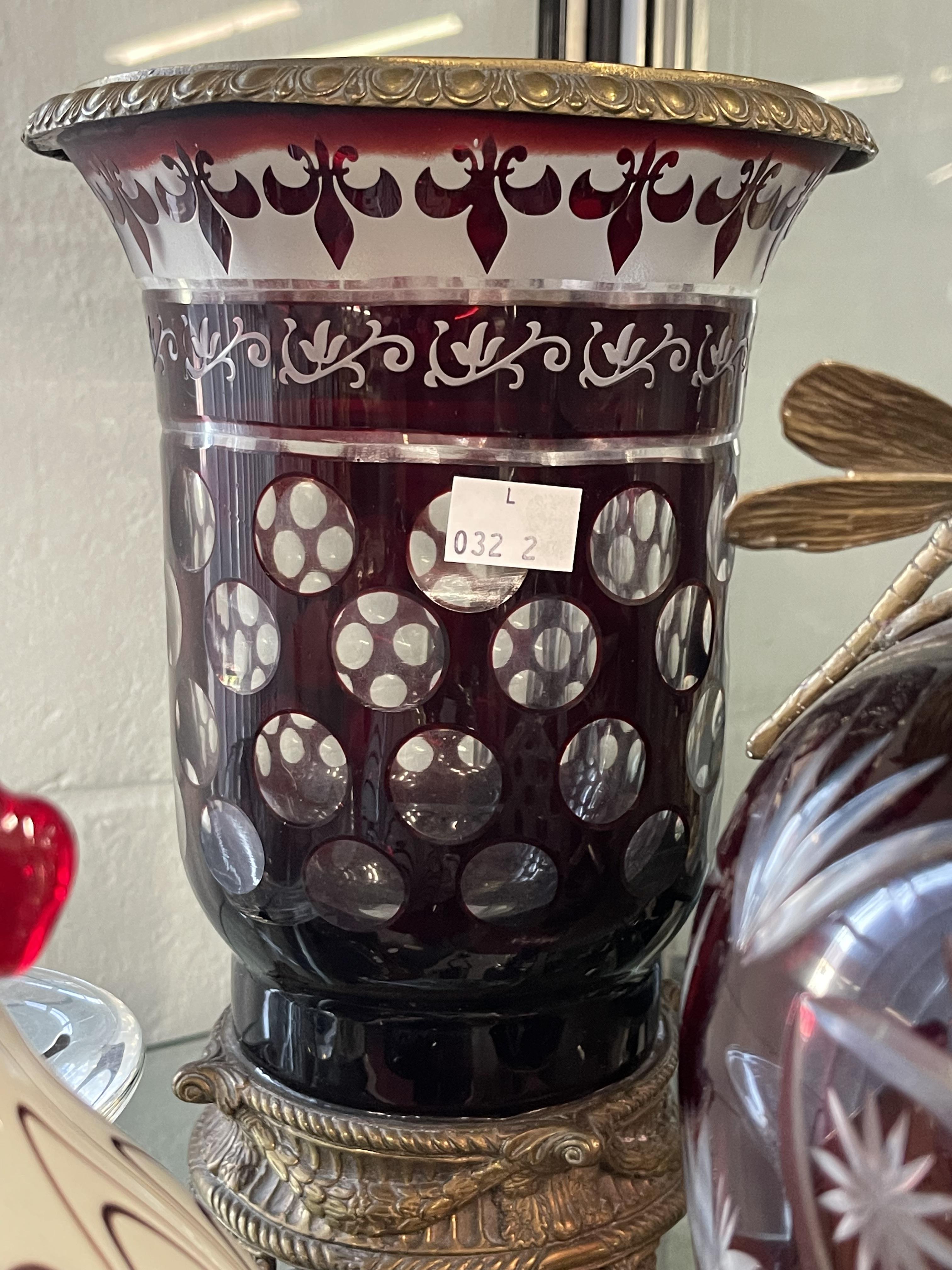 Art Glass: Late 19th cent. Red flash glass vase with star cut decoration, bronze base and collar - Image 3 of 3